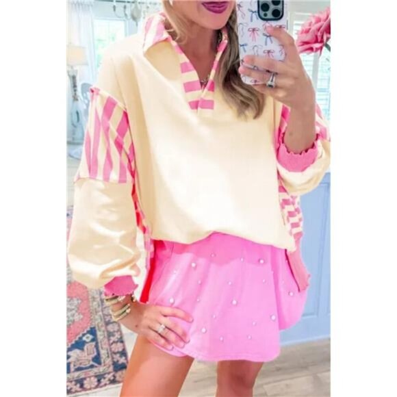 Striped Johnny Collar Long Sleeve Sweatshirt - Picture 1 of 4